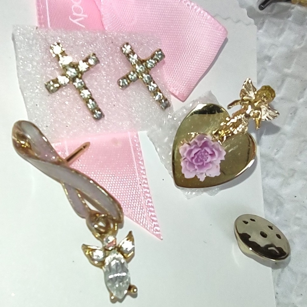 Lot of 3 Pink Ribbon Breast Cancer pin Crystal Cross Earrings  Floral Gold Heart